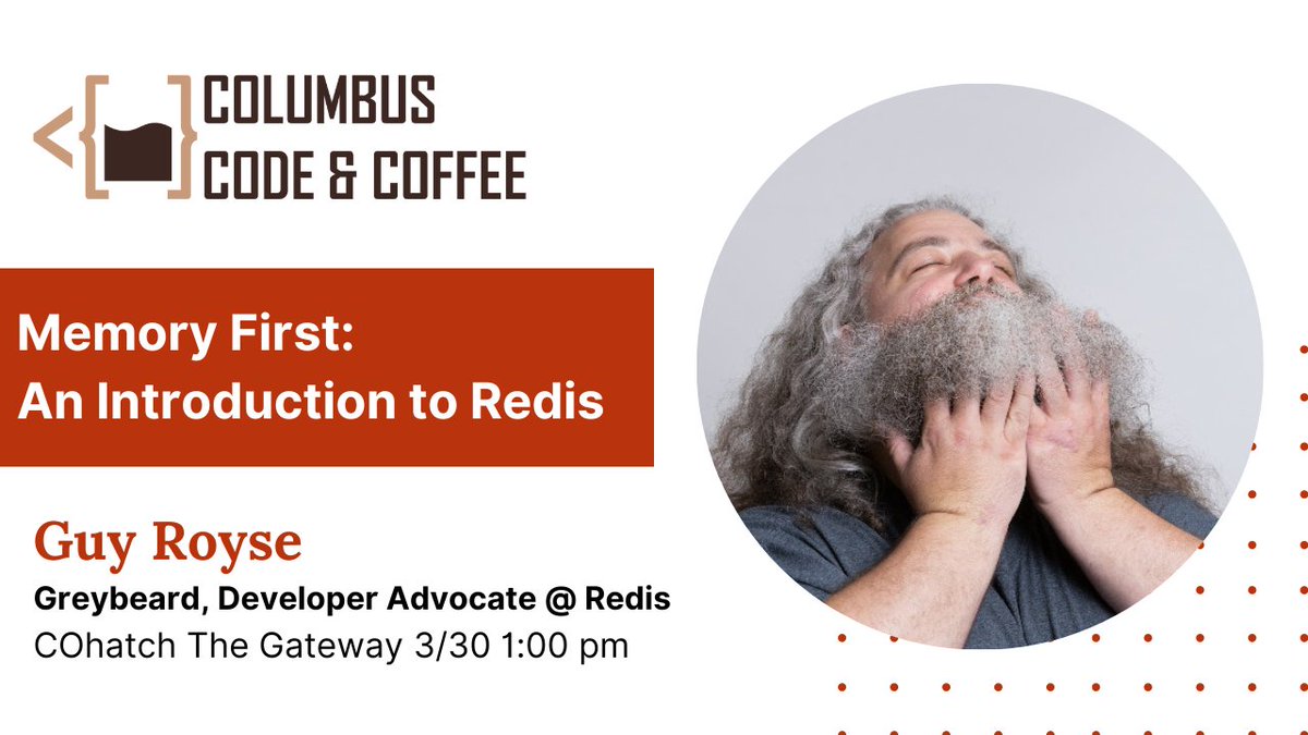 CBUSCodeNCoffee's tweet photo. Columbus Code &amp; Coffee meets again on Saturday 3/30 at @COhatchLife The Gateway from 1-4pm. 

We’re excited to feature @guyroyse as he leads a discussion on how to get started using Redis for quick, memory-first databasing.
RSVP here: https://t.co/D0V79MOI1h ⌨️☕️ https://t.co/Eit2LasVs6