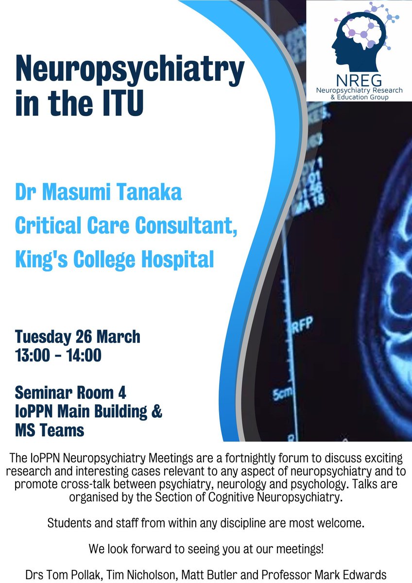 Join us for our last talk of the term 1-2pm Tues 26th March Masumi Tanaka, new neuro ITU consultant at @KingsCritCare @KingsCollegeNHS, on 'Neuropsychiatry in the ITU' All welcome in person or on this Teams link: eur03.safelinks.protection.outlook.com/ap/t-59584e83/…