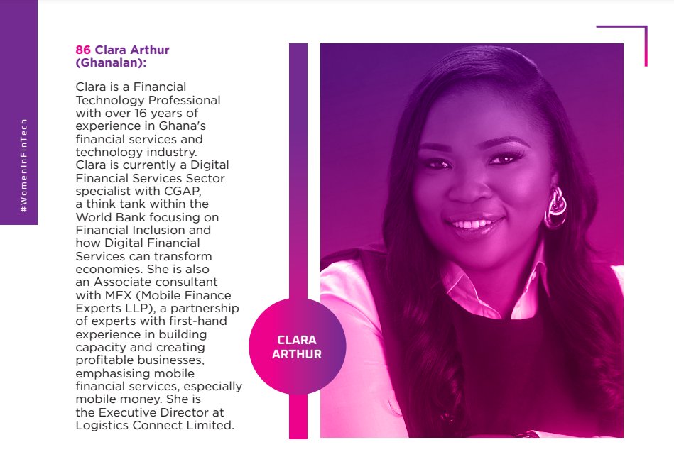 2024 Top 100 #WomenInFinTech 👇👇 86. Clara Arthur (Ghanaian): Clara, a seasoned Financial Technology Professional with over 16 years of experience in Ghana's financial services and technology sector, serves as a Digital Financial Services Sector Specialist at @CGAP, a