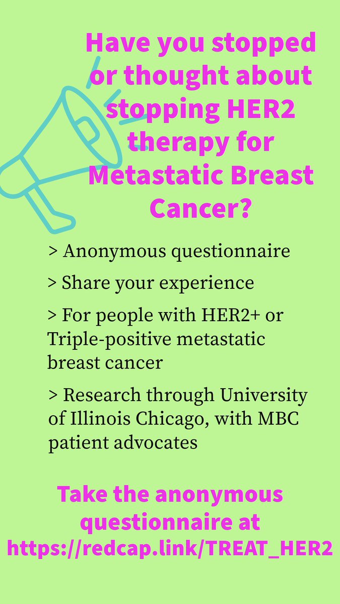 #BCSM **US based MBC patients** Diagnosed with HER2+ (positive) or HER2+/ER+ (triple positive) stage IV #metastaticbreastcancer? Have you considered stopping HER2 therapy? Please share your experience by completing this anonymous survey @ redcap.link/TREAT_HER2 Please RT