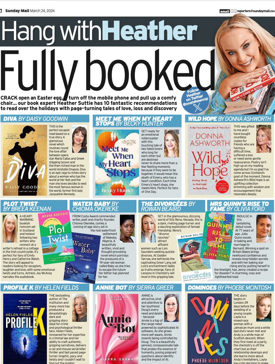 Happy Sunday!🩵 In today's best-selling @Sunday_Mail read 10 great #books by @DaisyGoodwin @Bookish_Becky @Helen_Fields @Donna_ashworth @SierraGrier @BreeaKeenan @_OliviaFord @Chiomatic and more! Contact me: heather@thebookalchemist.com if you're a book PR or #AuthorsOfTwitter.