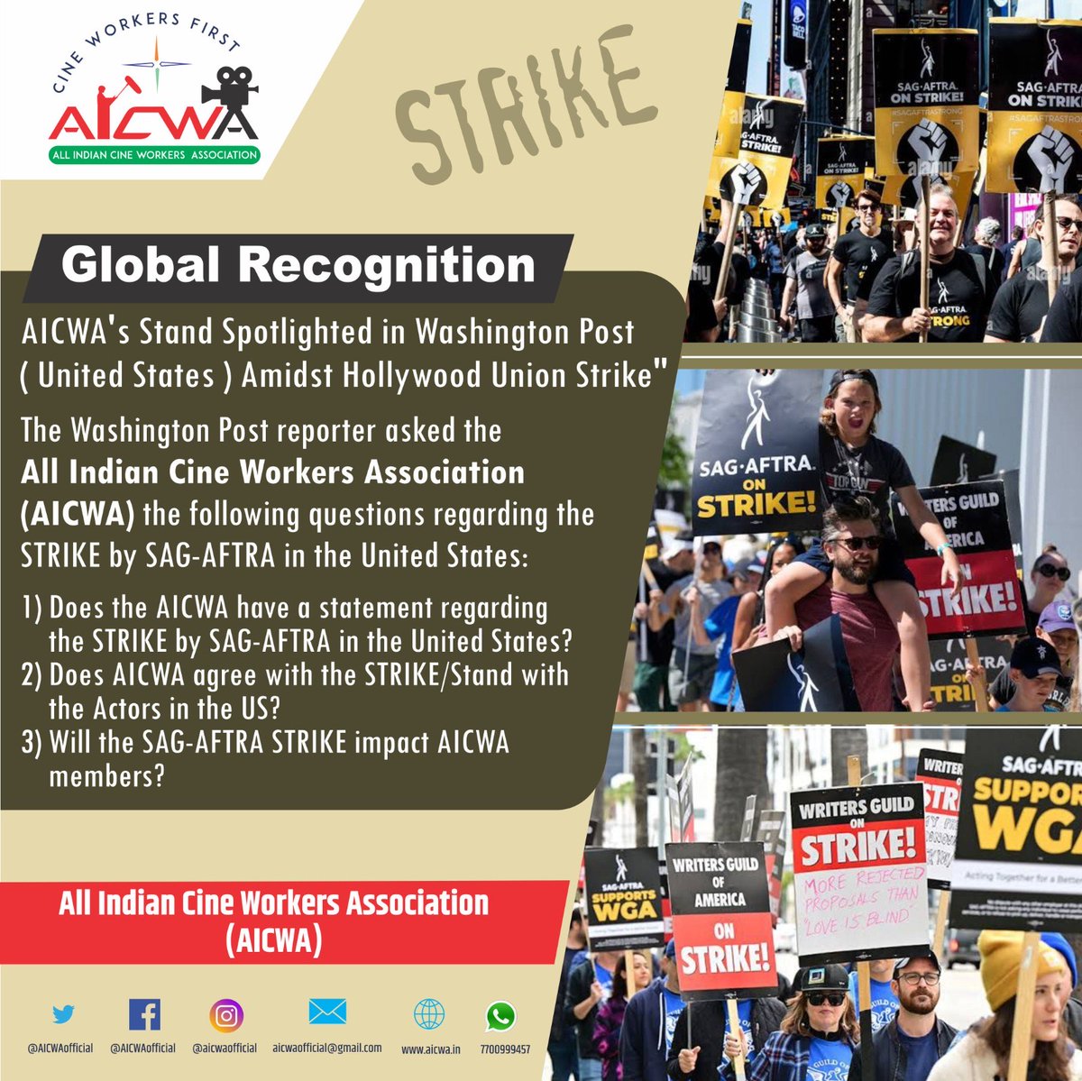 'AICWA supported the strike of Hollywood's SAG-AFTRA Union.'

The All Indian Cine Workers Association  supported the Hollywood SAG-AFTRA Union during the STRIKE | During the STRIKE, The Washington Post ( Media ) asked AICWA how much they agreed with the STRIKE | AICWA responded