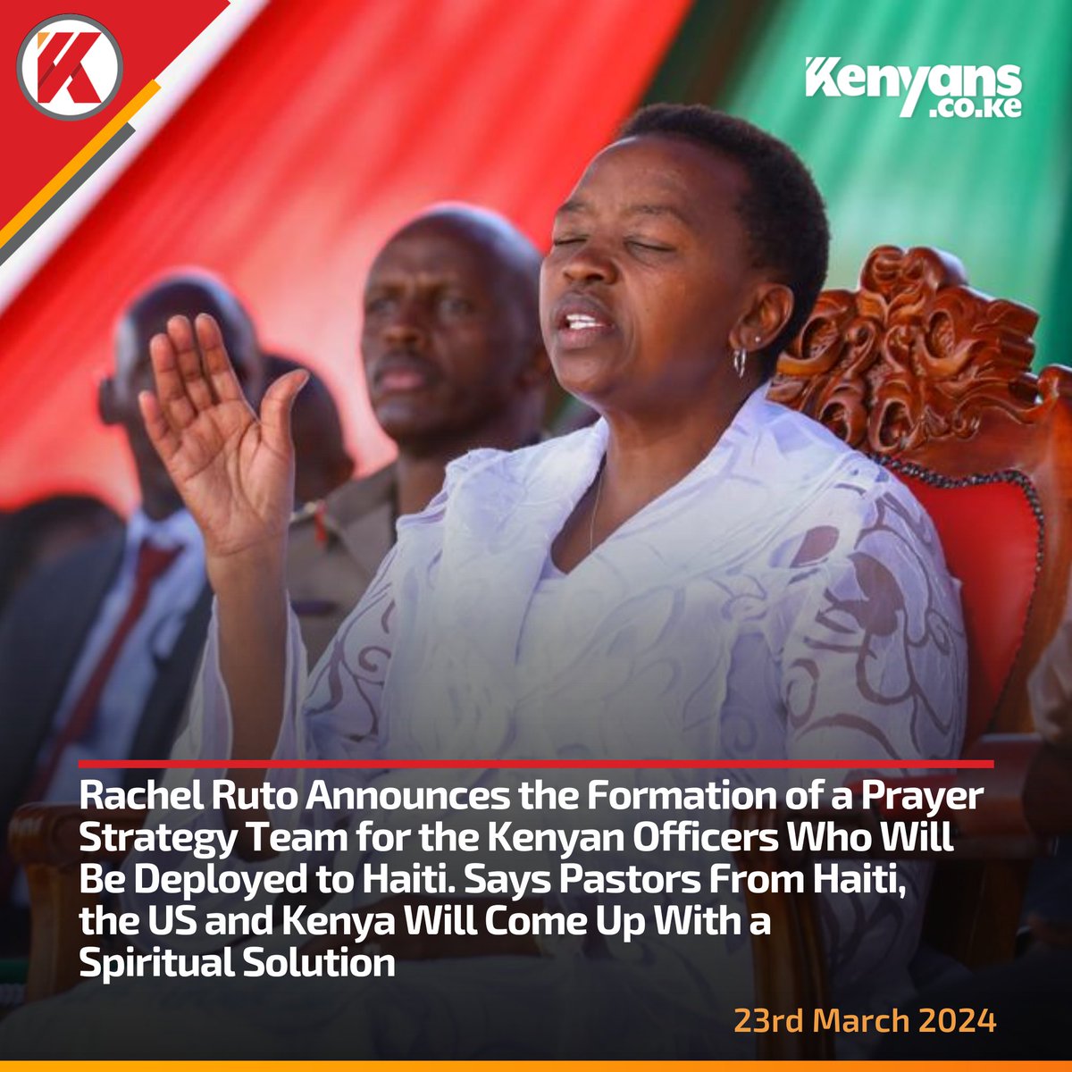 Kenyans's tweet photo. Rachel Ruto announces the formation of a prayer strategy team for the Kenyan police officers who will be deployed to Haiti https://t.co/poesox9djk