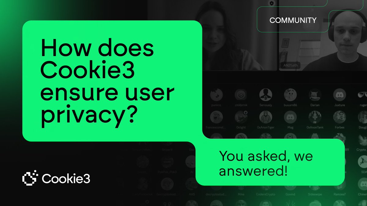 ❓ Have you wondered about your privacy on Cookie3? Here’s a recap from our Discord AMA with our CMO <a href="/KrysiaKozak/">Krystyna 🍪 (cookie)</a> and Marketing Manager, <a href="/a_boruszak/">泰州-舞蹈生小琳</a>!

✅ ”We never share individual user data and don’t use cookies. All our insights use aggregated data, so the individual user can’t
