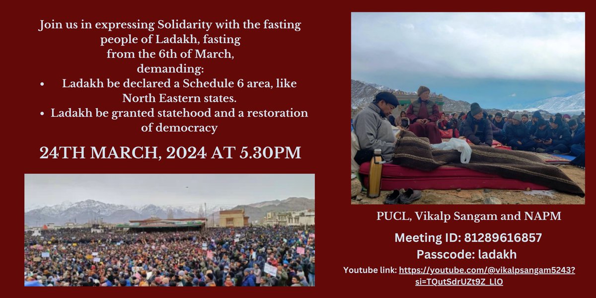 TOMORROW, 5.30 pm IST! Join us for this webinar on Ladakh. @Wangchuk66 is also expected to speak. @PUCLindia @napmindia @VikalpSangam zoom: us02web.zoom.us/j/81289616857?… Passcode: ladakh @rigzinhimalaya @Namgail @Gyapachow