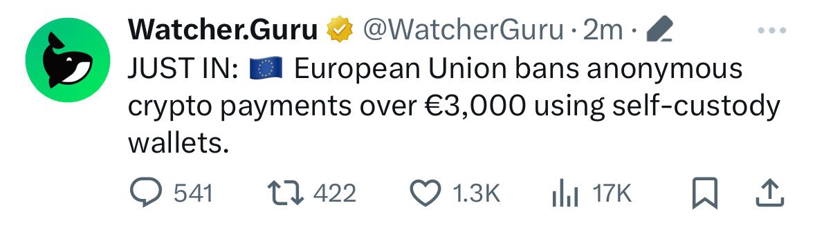 3orovik's tweet photo. The EU basically just banned DeFi

If you’re using MetaMask, Phantom, etc.. you now can’t legally send more than €3,000 in crypto

If you live in the EU. Leave before it turns into North Korea https://t.co/y2fmxuWUif
