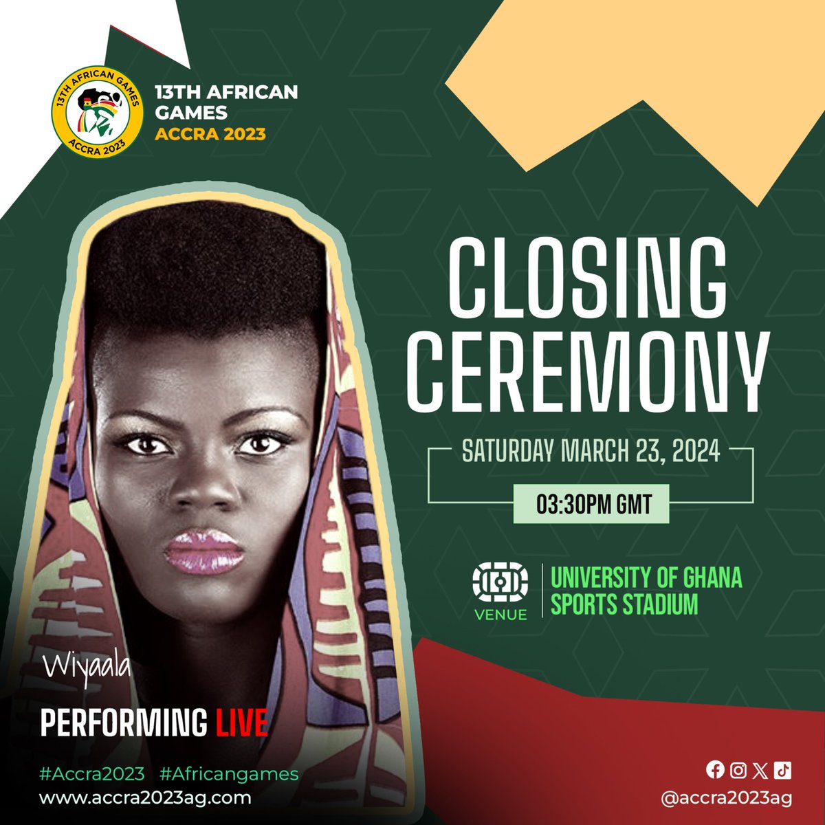 Catch the dazzling ending of the 
#AfricanGames2023 with 🎇 Stonebwoy, Wiyaala, & Many more artists live at University of Ghana Sports Stadium 🏟 Tonight 
 Epic fireworks, FREE T-shirts, and refreshments courtesy of our sponsors. Be part of the magic. 
#AfricanGames