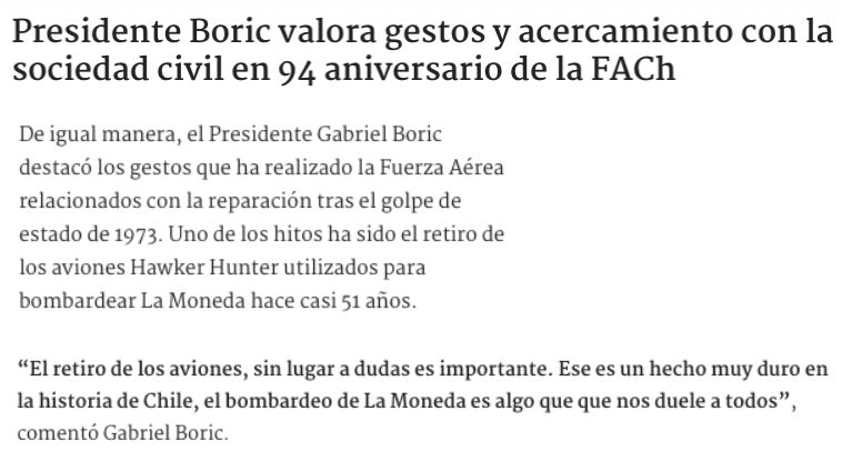 Las declaraciones del Presidente <a href="/GabrielBoric/">Gabriel Boric Font</a> sobre el retiro de los Hawker Hunter de bases de la FACH. Ahora deben estar en un galpón? Quizás deberían estar en un lugar o museo para saber qué simbolizó este objeto de la historia? La memoria es clave.