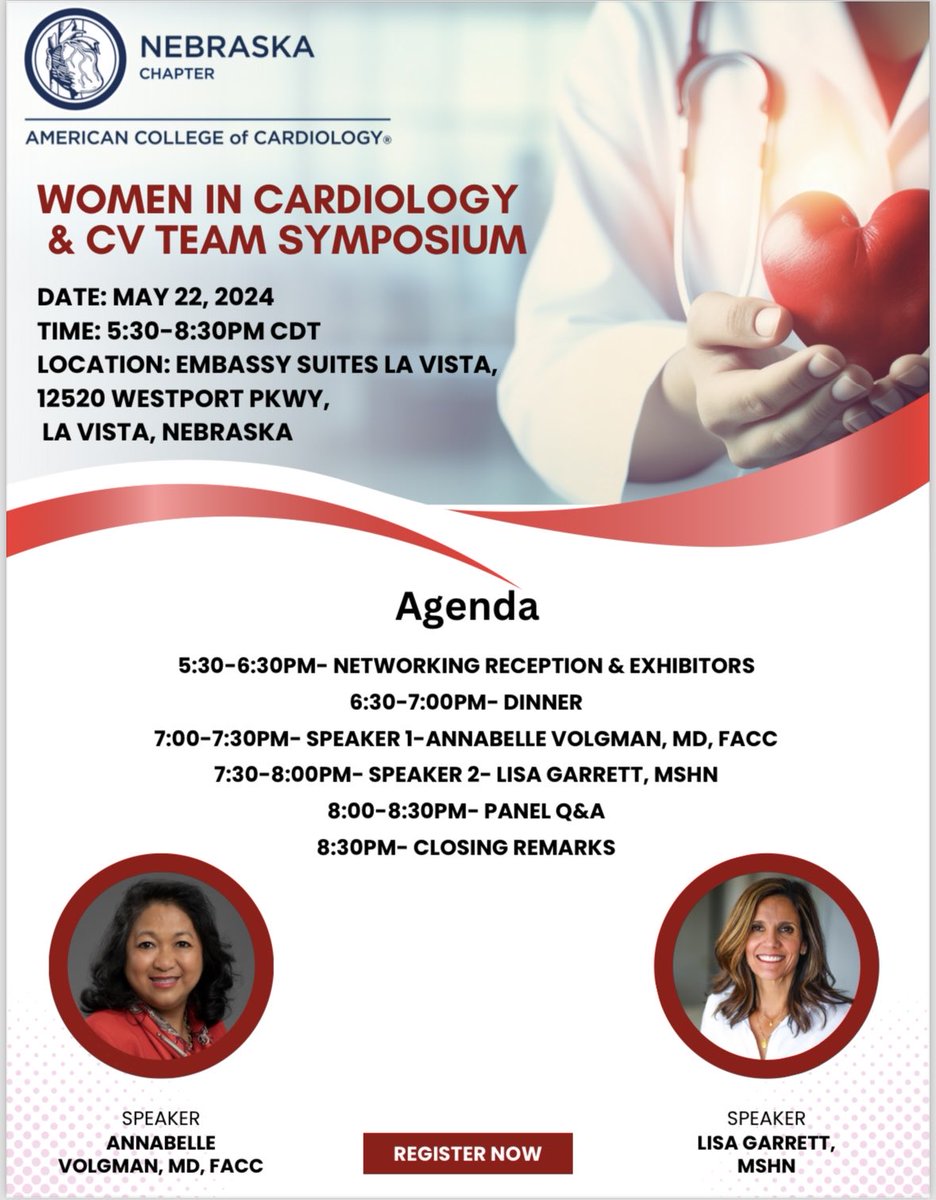 📣Join us for the inaugural Nebraska ACC joint WIC/CVT Symposium on May 22 at Embassy Suites La Vista Conf Center, 5:30 - 8:30 pm CDT. 

📣Thanks to Dr. Annabelle Volgman and Lisa Garrett for their generous contribution as speakers.

Please Register 
📣nebraskacardiology.org/events/2024-wo…