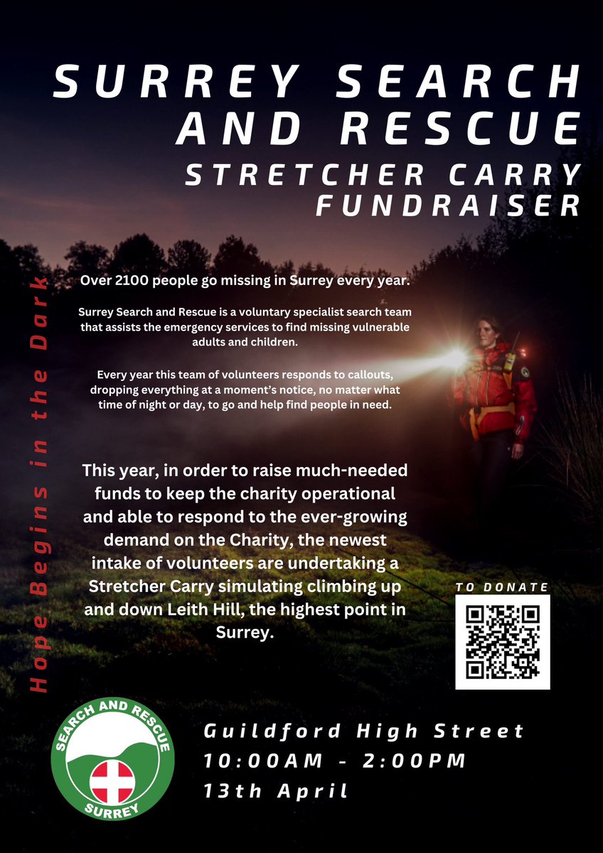 SurreySAR's tweet image. Come and meet the team at Guildford High St. In order to raise £5k to keep the charity operational and responding to the increasing activities of the Charity, the newest intake of volunteers are undertaking a Stretcher Carry simulating climbing up and down Leith Hill,