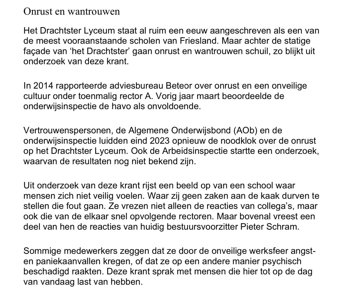 Bestuurder Schram is al 12 jaar verantwoordelijk voor de giftige sfeer en onveilige werkomgeving op het Drachtster Lyceum. De leerresultaten van de leerlingen hollen achteruit. Een ontluisterend artikel.
Schram is prominent bestuurslid van de VO-Raad.
>
👇
lc.nl/friesland/smal…