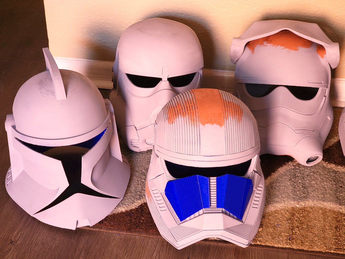 Senjo41A's tweet photo. Day off, so that means work on helmets. Not shown are the ones getting ready for paint. The Raider, Shoretrooper, and Captain Enoch. #3Dprinting #3Dpint #3Dprinted #StarWars #StarWarsHelmets #CloneTrooper #SithTrooper #TIEpilot #ConceptTK #HaloHelmet #Halo #Mk7 #Cosplay #CosplayProps #Display #Elegoo #ElegooPrinter #Neptune3Max #SandingAndPainting