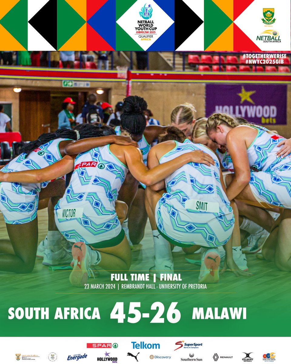 Netball_SA's tweet photo. 🇿🇦🆚🇲🇼
Netball World Youth Cup 2025 Qualifiers Africa 🌍

Victory today and our spot booked for Gibraltar 2025! 👏 The Baby SPAR Proteas WIN the Africa Qualifiers FINAL. 🙌

#SPARBabyProteas | #SAU21 | #TogetherWeRise | #NWYC2025GIB https://t.co/s1syOkRKAM