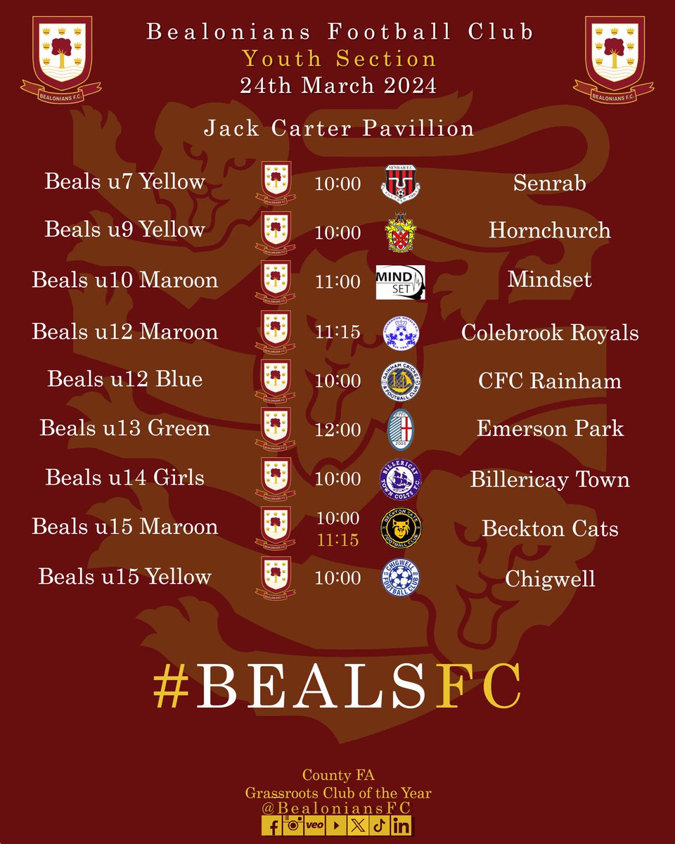 #Youth #fixtures at 🏠 this weekend. #BealsFC #Grassrootsfootball #Football #Footballforall #Weonlydopositive #Essex #London #youth #youthfootball #kids #children #young #getinvolved