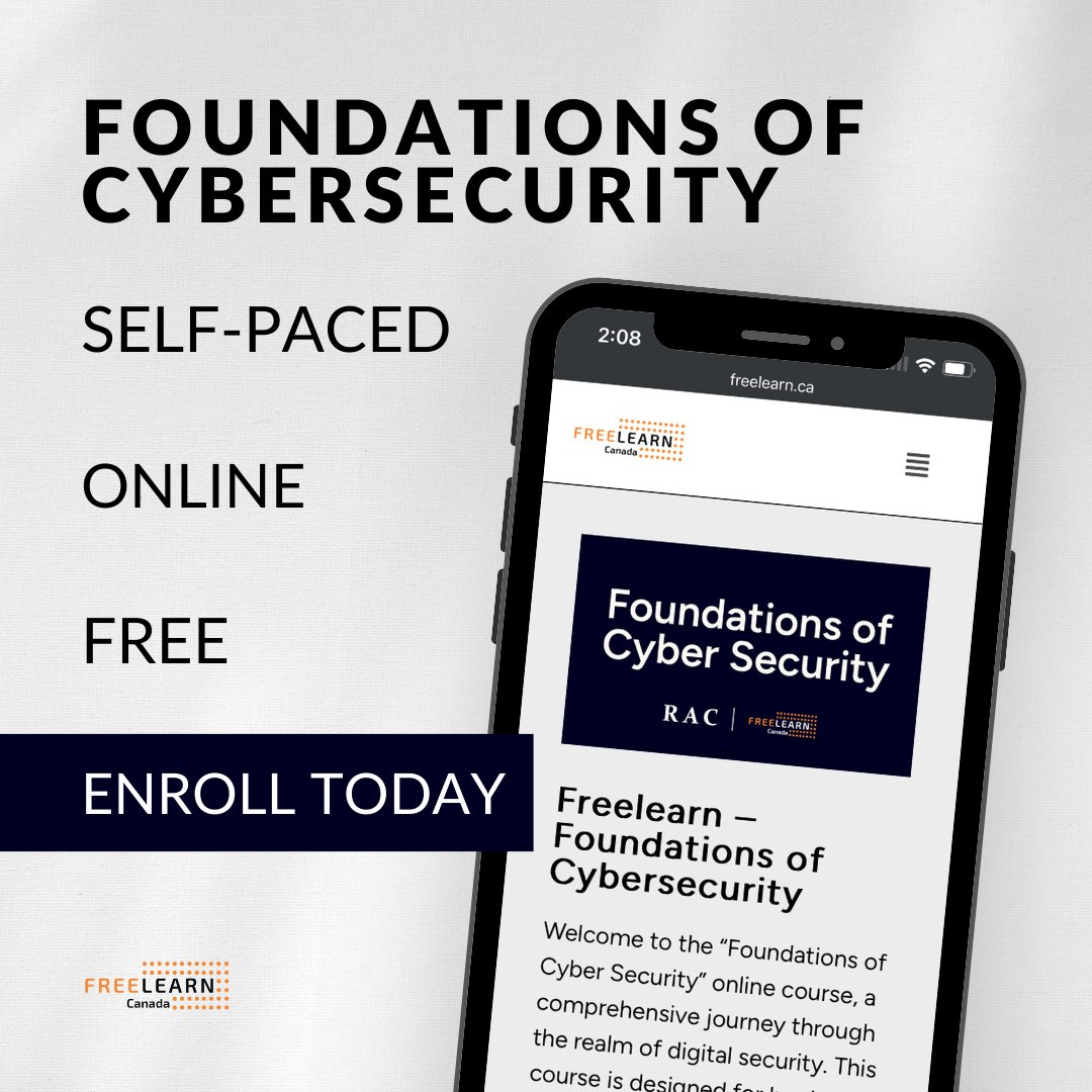 FreeLearnCanada's tweet image. Secure your future in cybersecurity with our new course, Foundations of Cyber Security! 

Enroll now and fortify your skills: freelearn.ca/product/founda…