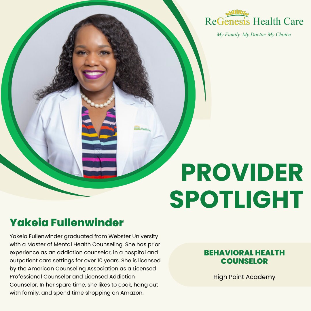 🌟Provider Spotlight🌟
Yakeia Fullenwinder

Yakeia Fullenwinder joined ReGenesis Health Care as a School-Based Behavioral Health Counselor and provides patient care at High Point Academy.

#ReGenesisHealthCare #MyFamilyMyDoctorMyChoice #ProviderSpotlight #PrimaryCareProvider