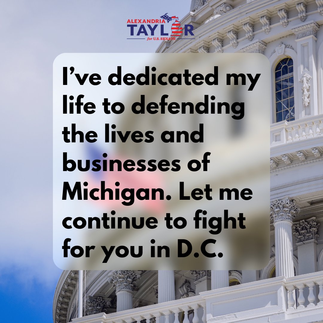 AlexandriaforMI's tweet photo. I've dedicated my life to serving Michigan. Support me in continuing to fight for our state's interests and values on a national level. #DefendMichigan #FightForValues #LeadershipForAll https://t.co/B8DD3iZQOe