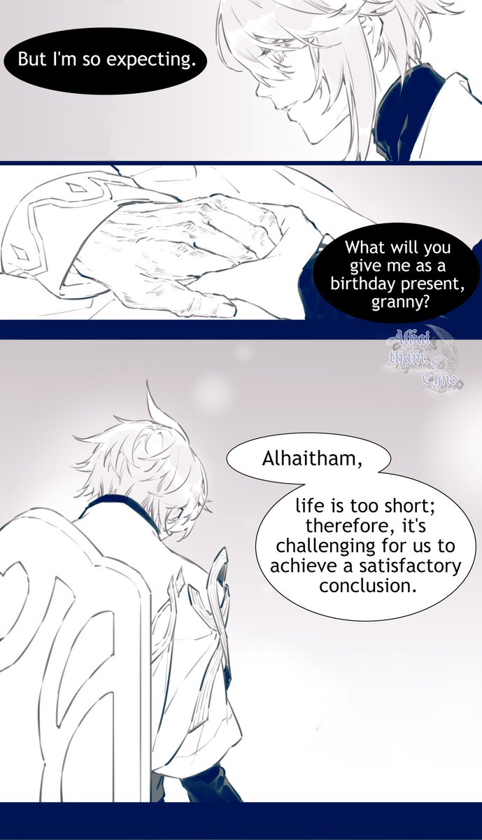 Feastonhaino's tweet photo. #haino

［Happy birthday, Alhaitham］

Artist: 你完全不睡觉是吗
ID: @kongk0_0

Source: https://t.co/tZT0MpO38j

Translator:  @SolarAureole
Proofreader:@SolarAureole
Kenichi: 梨子 https://t.co/AzJItyItqq