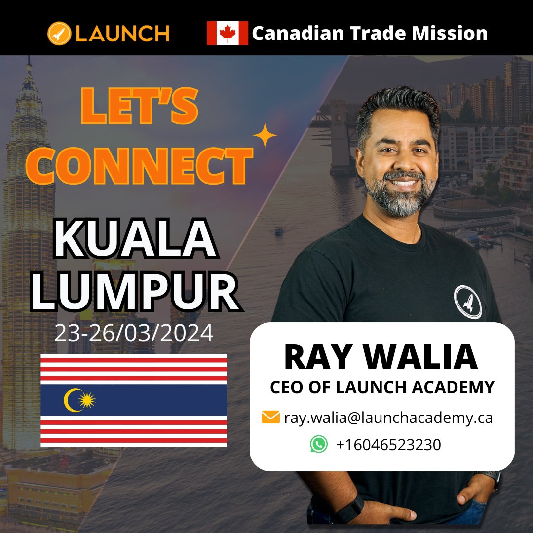 🚀 Kuala Lumpur, get ready! Connect with @raywalia, CEO of @launchacademyhq & @LaunchVC, from 23-26 Mar '24! 🌟 Pitch your idea, propose a partnership, or explore investment opportunities with us! 📧 ray.walia@launchacademy.ca 📲 +16046523230 #Entrepreneurship #KualaLumpur