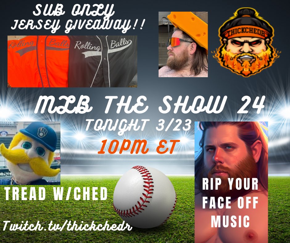 ThickChedr's tweet photo. TONIGHT WE FIRE BACK UP THE TREADMILL AND ROLL BALLS!! JERSEY GIVEAWAY MLB THE SHOW DROPS!! WILD PARTY ACTION WITH THE THICKNESS https://t.co/T4sihI7Zja #MLBTheShow24 #MarchMadness2024 #TreadwithChed #rollingballs #music #party #workout #hangout #gamer #drops #giveaway https://t.co/w7PL03lP1n