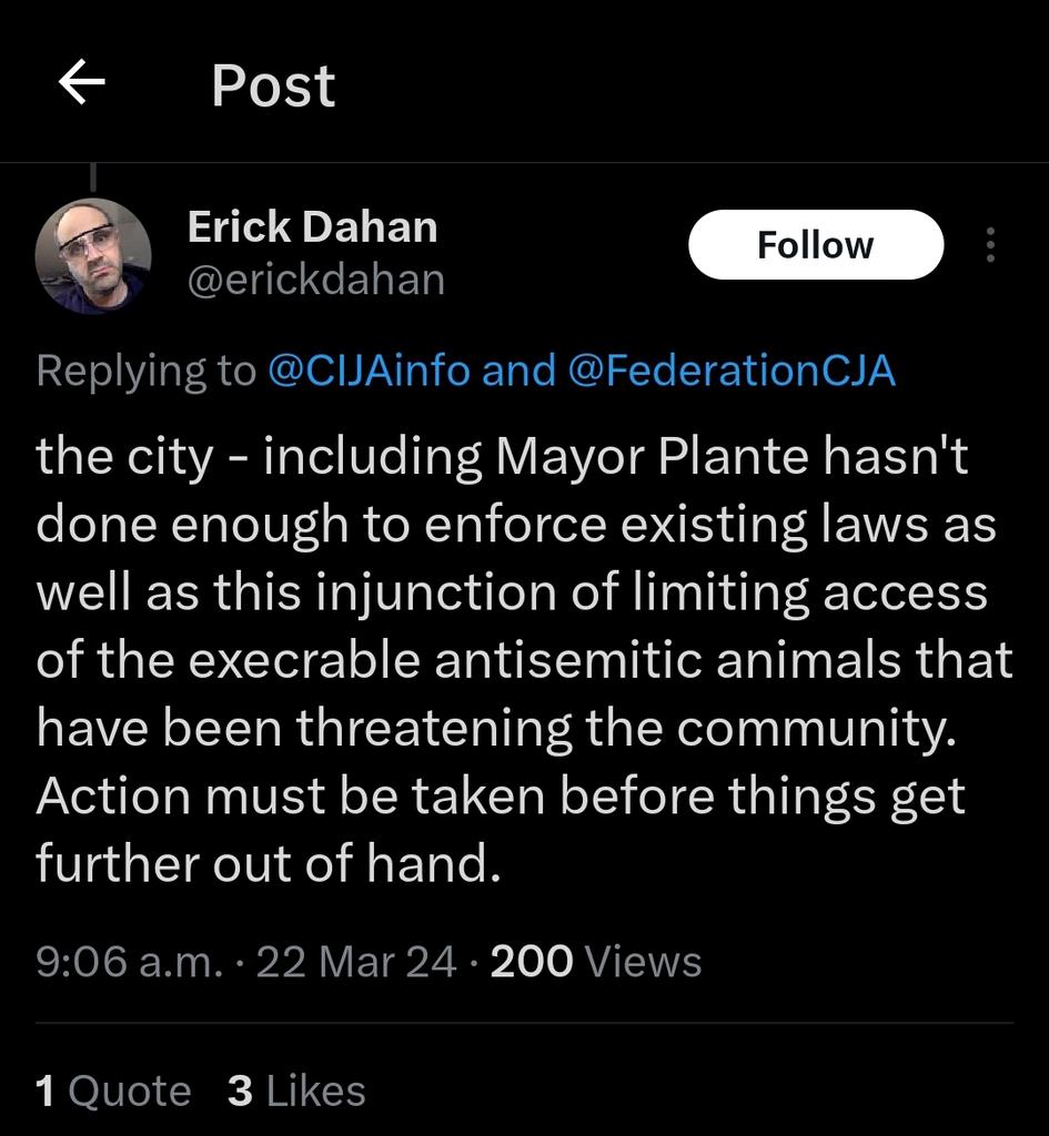 AntiPalHM_CAN's tweet photo. Erick Dahan (@erickdahan) runs DahanSec as the "Principle Cybersecurity consultant".

Dahan has:
- Said pro-Palestine protesters in Montreal are "execrable antisemetic animals"
- Said pro-Palestine protesters are "animals" who "will stop at nothing."
- Endorsed a claim that pro-Palestine protesters at Concordia University are an "antisemetic mob".

Dahan is also listed as being involved in @mtlsec, a "Montreal Flavoured Information Security" project, which hosts a monthly meetup. 
- Website: https://t.co/FN8rp8Nd8R

Since Dahan runs his own company, reach out to those involved in or connected to @mtlsec to express your concern about his statements via 👇
- Twitter: @hugofortier, @yvesbd, @attractr

Erick Dahan's LinkedIn:
https://t.co/KoOYVyZuvI