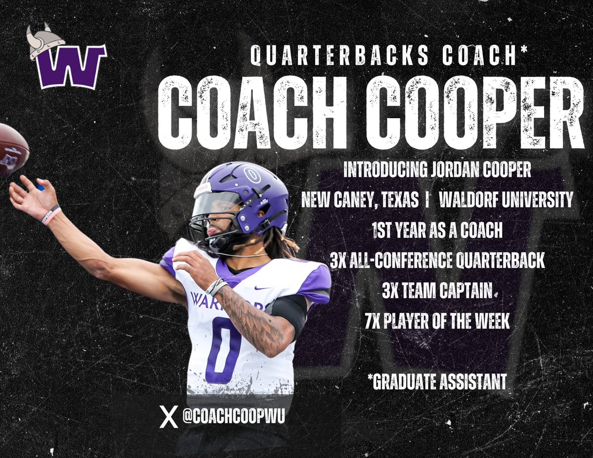 Excited to announce the addition of Coach Jordan Cooper to the Warrior Family. Coach Cooper will work closely with the Quarterbacks bringing his experience as Waldorf's outgoing QB and Team Captain. Excited to keep @CoachCoopWU leadership and knowledge in our program 🏆