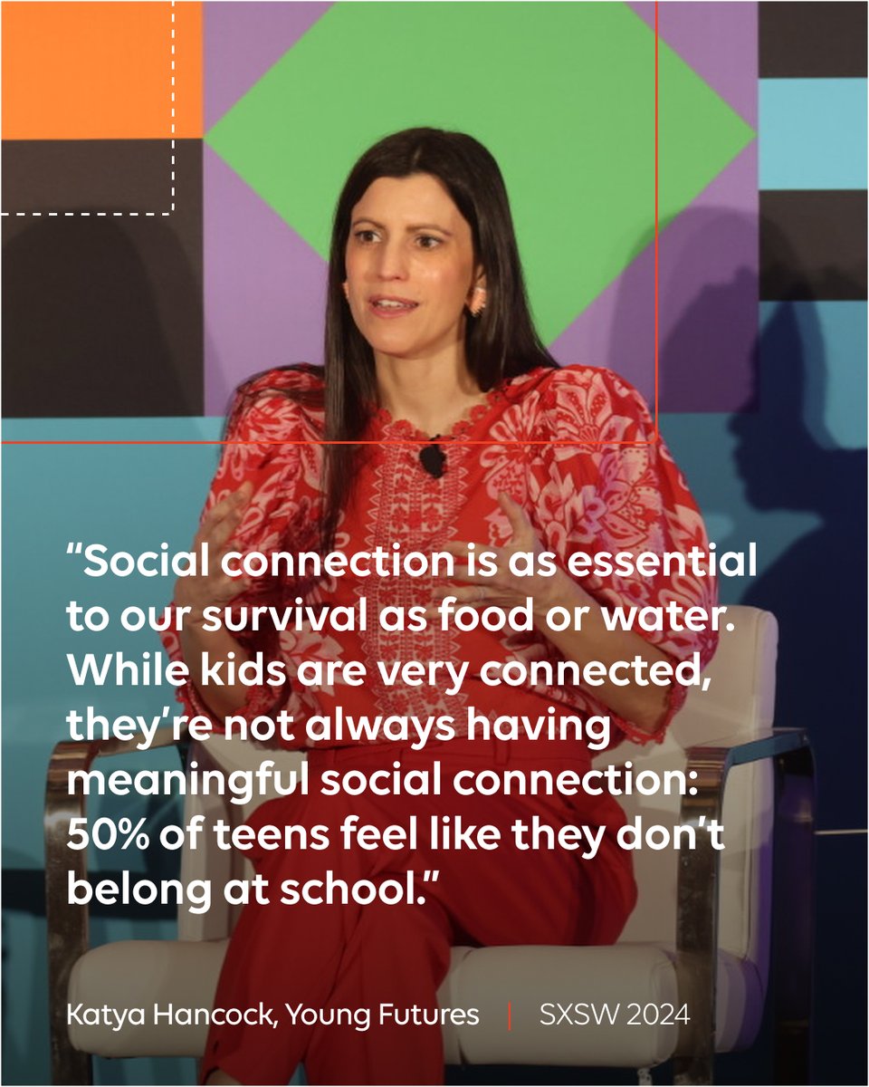 It's true that social connection is essential to our survival. As @TheYoungFutures' @katyahancock noted during our #SXSW2024 panel, being socially connected increases a person's odds of survival by 50%. Learn about Young Futures' $1 million funding challenge to advance solutions…