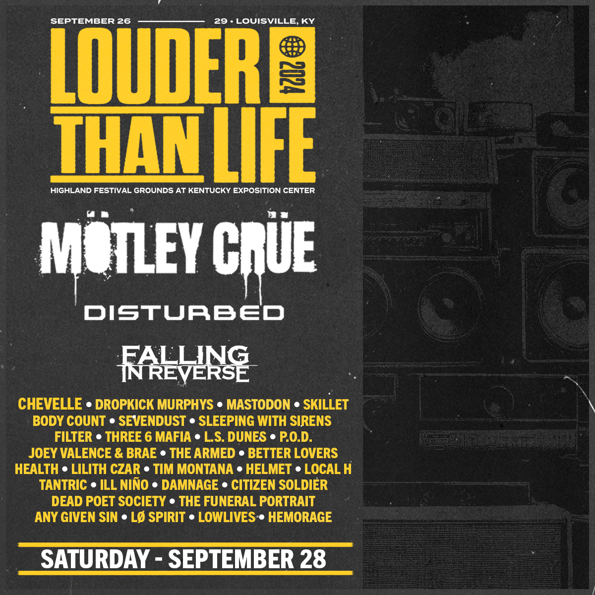 Saturday at Louder Than Life is shaping up to be MASSIVE! @MotleyCrue, @Disturbed, @ChevelleInc, @dropkickmurphys and a stellar lineup of bands are ready to rock your world. 🔥 Don't miss out on the action – snag your single-day passes now and be part of the unforgettable energy!