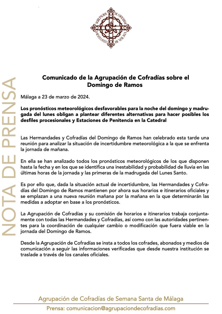 Comunicado de la Agrupación de Cofradías sobre el Domingo de Ramos. #CofradíasMLG