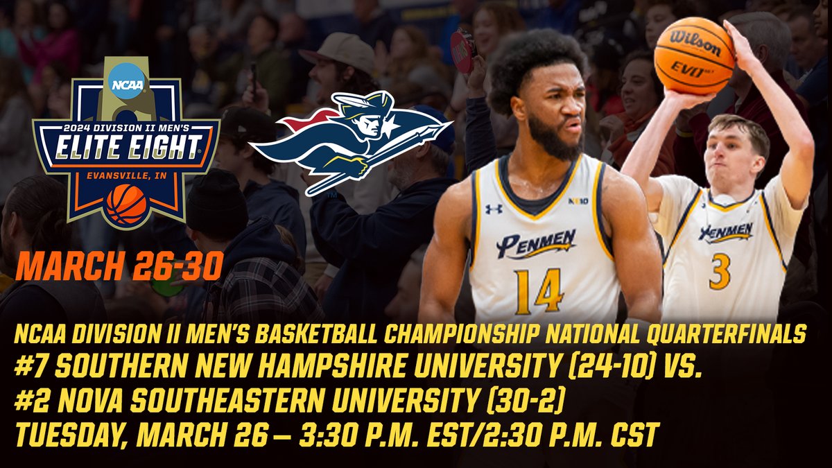 📢@SNHUMBB faces Nova Southeastern in the @NCAADII Elite 8 on March 26 in Evansville, Ind. Whether you’re at @SNHUonCampus in Manchester, close enough to @TheFordCenter to see the game in person, or tuning in from across the nation – learn how to watch at snhupenmen.com/news/2024/3/22…
