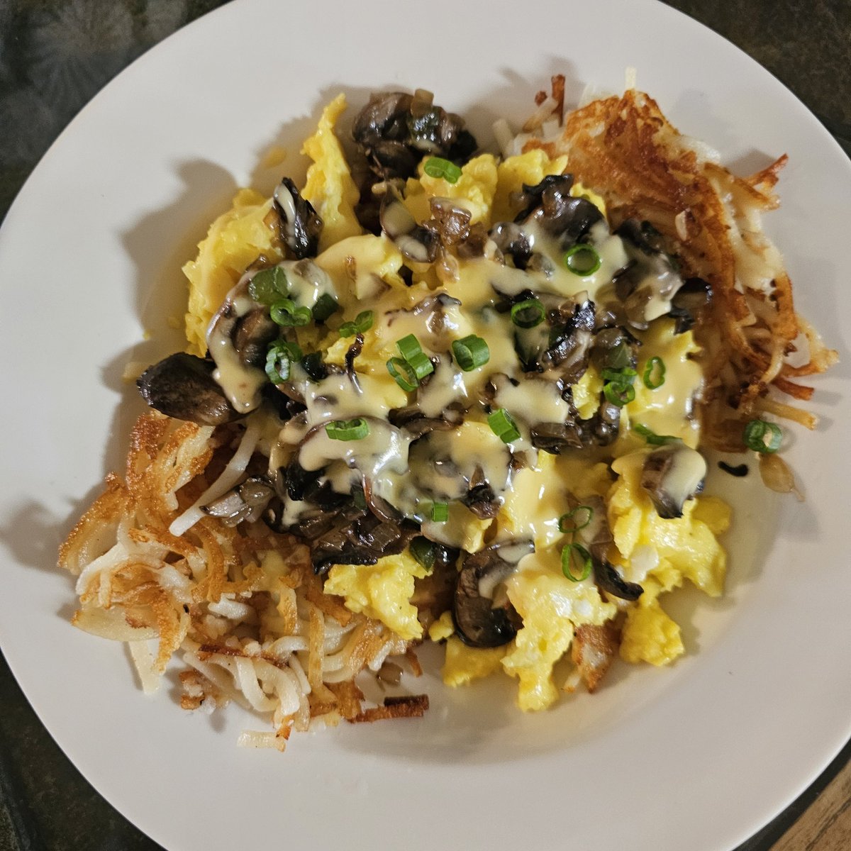 Breakfast this morning - hash brown bowl with scrambled eggs, mushrooms, onions, jalapeños, green onion, and a creamy cheddar sauce. So tasty.