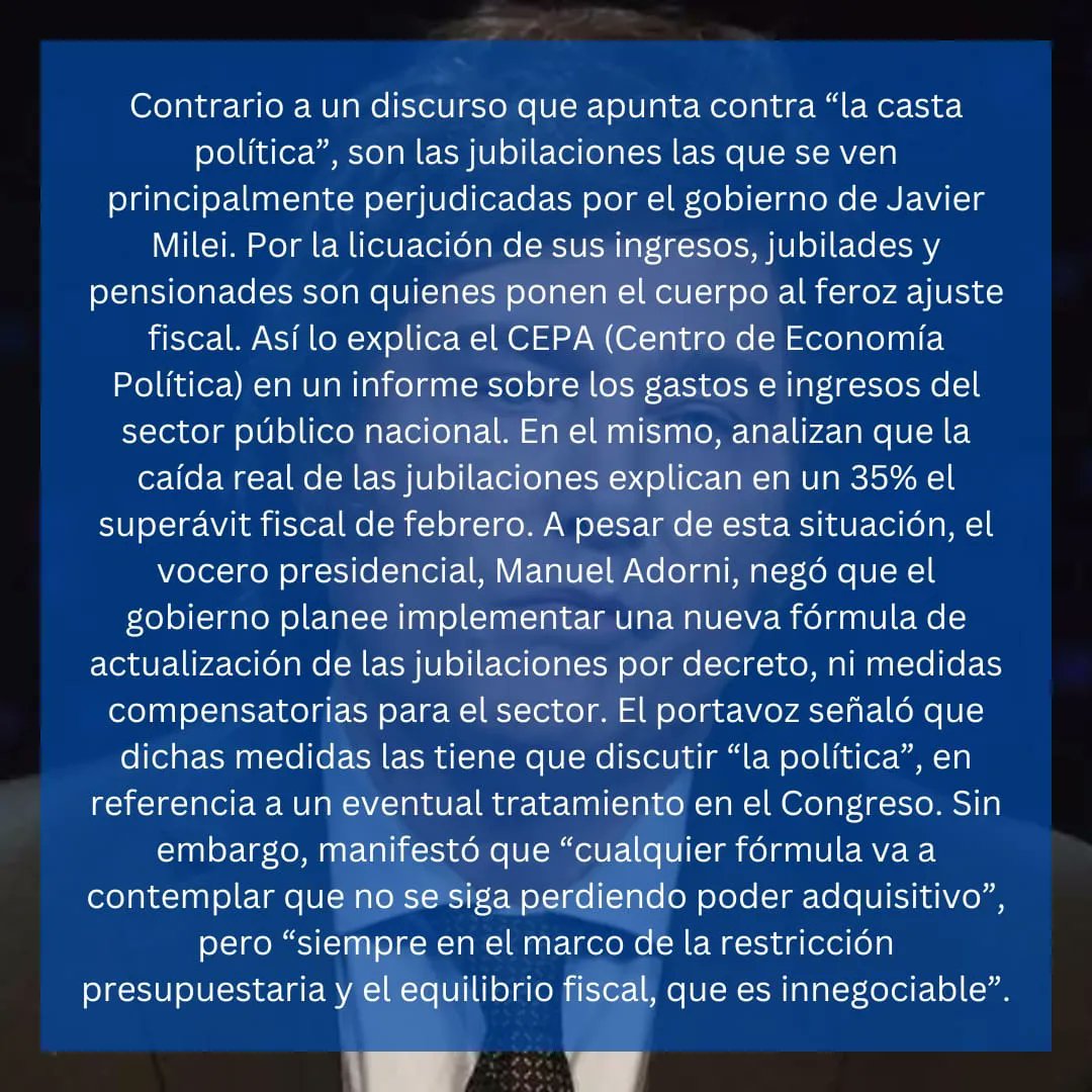 libressursani's tweet photo. 🔴🔵 El superávit fiscal de Milei y Caputo:

👉 Por segundo mes consecutivo, el presidente y el ministro de Economía, Luis Caputo, 

#Gobierno #Derecha #Economía #Jubilaciones #Jubilades #Inflación #Superavit #Milei #Caputo #Argentina #Presidente #LibresDelSur #SanIsidro https://t.co/Kj85dDORj2