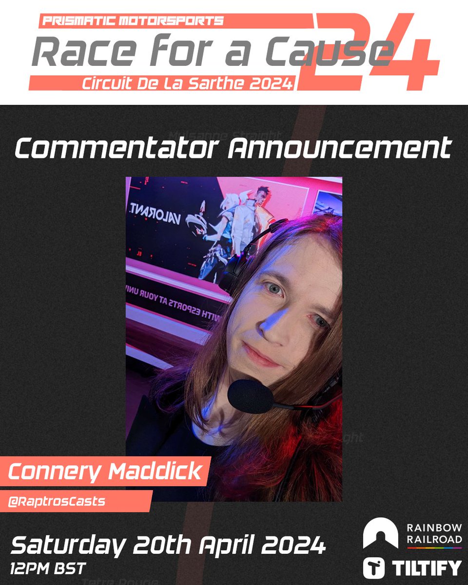 Prismatic Motorsports 🏳️⚧️ (@prismotorsports) on Twitter photo Next up is one of the consistent voices and producers of Sim Racing broadcasts! From featuring with <a href="/RaceSpotTV/">RaceSpot TV</a>, to the production of <a href="/esl_r1/">ESL R1</a> broadcasts: <a href="/RaptrosCasts/">Connery Maddick</a>!
They will be in the booth as we raise money for <a href="/RainbowRailroad/">Rainbow Railroad</a>!
#iRacing #RFAC24 #charity Next up is one of the consistent voices and producers of Sim Racing broadcasts! From featuring with <a href="/RaceSpotTV/">RaceSpot TV</a>, to the production of <a href="/esl_r1/">ESL R1</a> broadcasts: <a href="/RaptrosCasts/">Connery Maddick</a>!
They will be in the booth as we raise money for <a href="/RainbowRailroad/">Rainbow Railroad</a>!
#iRacing #RFAC24 #charity