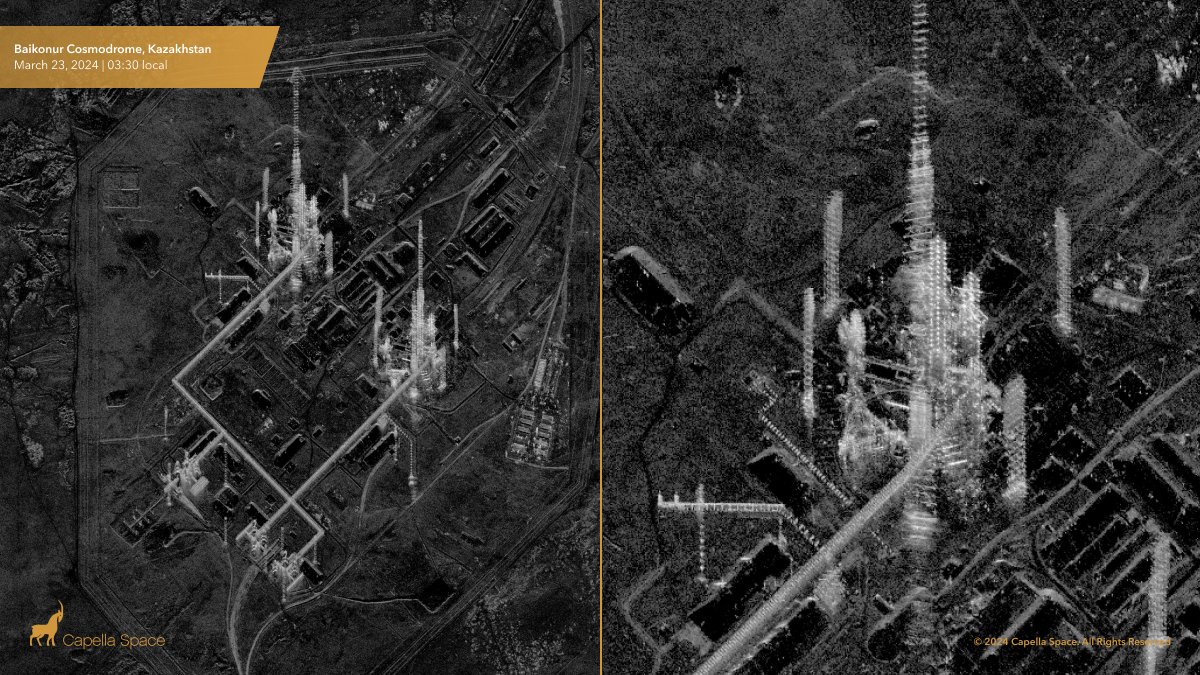 Hot on the heels of today's launch of #Soyuz MS-25/71S from #Kazakhstan, here's a high resolution #SAR image captured this morning, just a couple of hours before  #launch. It shows the rocket ready and waiting to deliver three crew members to the International Space Station!