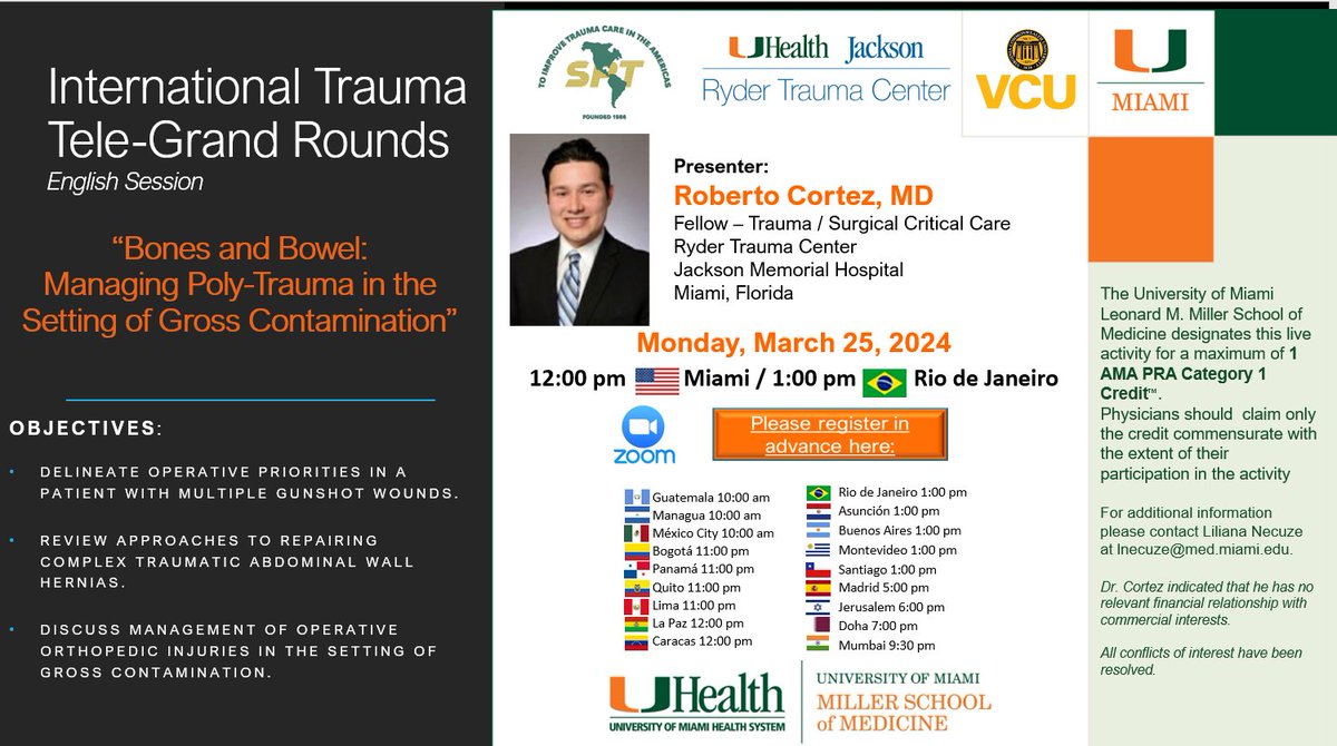International Trauma Telegrand rounds. March 25, 2024 @ 12:00pm Miami- REGISTER AT : zoom.us/j/92358586613?… Meeting ID: 923 5858 6613 More info. panamtrauma.org/page-1854884