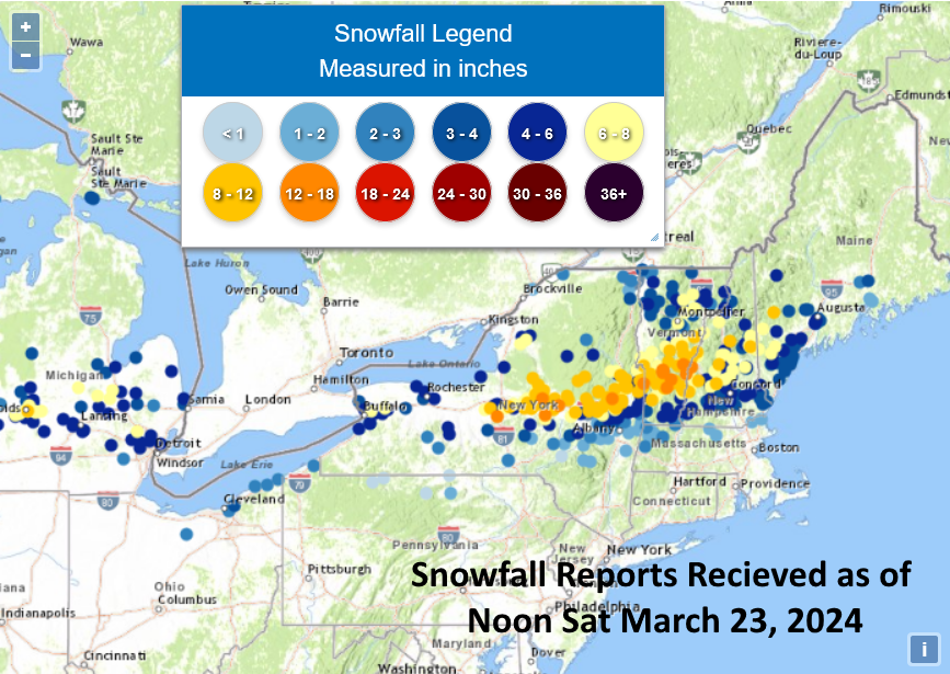 Snowfall reports received as of noon Saturday March 23rd. Highest reports by state so far: NY - Bridgewater 15' VT - Shrewsbury 14.5' NH - Lebanon 12' ME - Bryant Pond 9' MI - East Grand Rapids 8.3' OH - Highland Heights 3.5' MA - Hawley 2.7' PA - Harborcreek 2'