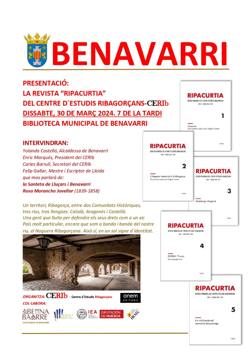Aquesta #SetmanaSanta presentem #Ripacurtia a #PontdeSuert i #Benavarri <a href="/Barrull/">Carles Barrull</a> <a href="/enricmarquesbla/">enric marques blanco</a> <a href="/suils_jordi/">Jordi Suïls</a> <a href="/Jrpique/">Joan Ramon Piqué</a> <a href="/AltaRibagorca/">Turisme Alta Ribagorça</a> <a href="/CCAltaRibagorca/">CC Alta Ribagorça</a> <a href="/ComarcaRibagorz/">Comarca de Ribagorza</a> <a href="/Benabarre_info/">Benabarre Benavarri</a> <a href="/BiblioBenabarre/">Biblioteca Benabarre</a> <a href="/iea_huesca/">IEA</a>   <a href="/bibliotequeslle/">Biblioteques Lleida</a> <a href="/PoblesAban/">Pobles Abandonats</a> @ccepc <a href="/iramunt/">Institut Ramon Muntaner</a>