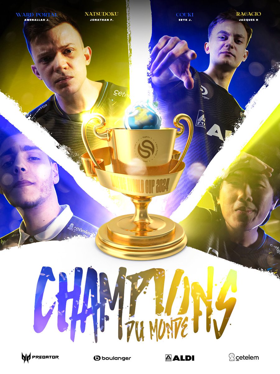 CHAMPIONS DU MONDE 💛💙 Ils ont TOUT gagné sous nos couleurs, le premier Grand Chelem de l'histoire, tout simplement la meilleure équipe Dofus de tous les temps ! 👑 @Natsudoku_ 👑 @Ward_Portail 👑 @OsaCouki 👑 @Ragacioo #SLYWIN