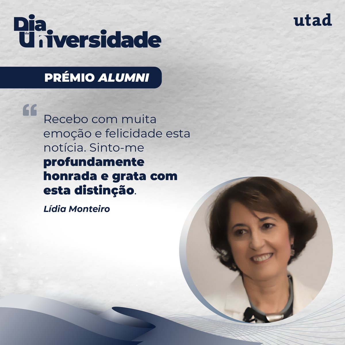 Pelo seu percurso profissional e cívico, a nível nacional e internacional, nomeadamente no contributo e afirmação do desenvolvimento do setor  do turismo, a UTAD distinguiu a Doutora Lídia Monteiro com o Prémio Alumni 2023. Muitos parabéns! #territóriodosaber #utad38anos