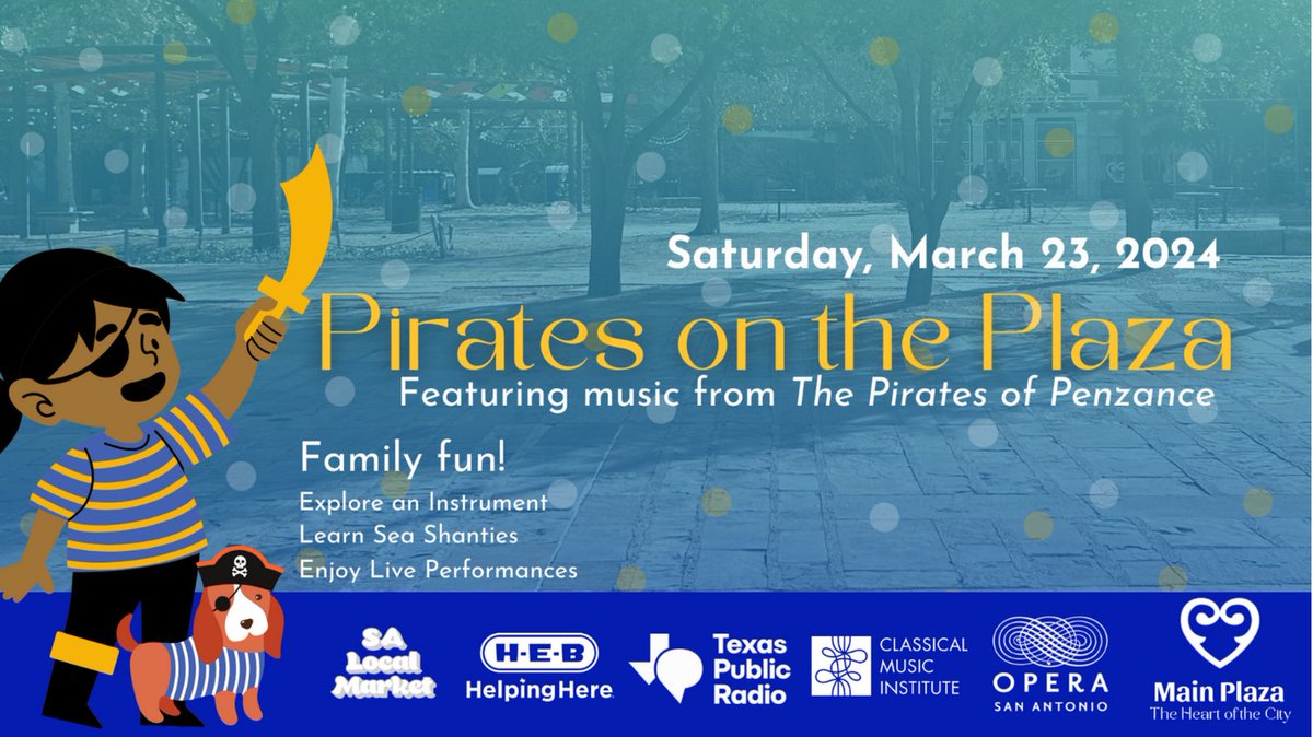 Bring the family to Main Plaza TONIGHT 🏴‍☠️ Enjoy pirate-themed fun, excerpts from "The Pirates of Penzance", instrument exploration, sea shanties, and live performances. Bring a lawn chair or blanket for the show. More info can be found at mainplaza.org/events