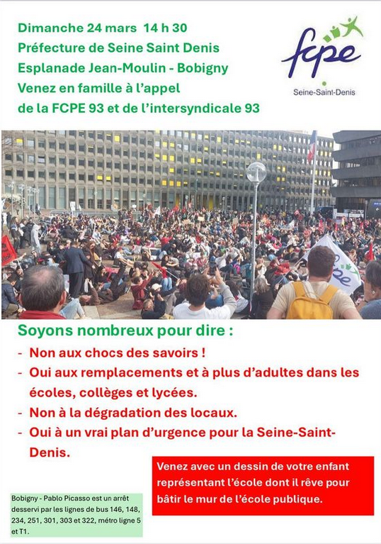 fol_93's tweet photo. L’éducation c'est ici, maintenant et tout au long de la vie ! Les mouvements d'éduc pop #Cemea-IDF @FrancasSSD  #FedeCentresSociaux93 #LDH93 @fol_93 se joignent à l'appel de la @FCPE93 et de l'intersyndicale pour plus de moyens pour l'éducation des enfants et invitent à venir⤵️ https://t.co/olgOERxK1j