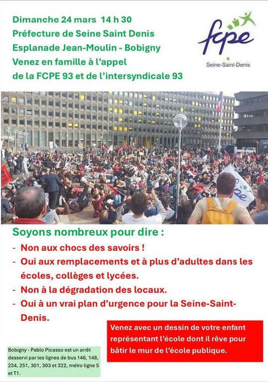 L’éducation c'est ici, maintenant et tout au long de la vie ! Les mouvements d'éduc pop #Cemea-IDF @FrancasSSD #FedeCentresSociaux93 #LDH93 @fol_93 se joignent à l'appel de la @FCPE93 et de l'intersyndicale pour plus de moyens pour l'éducation des enfants et invitent à venir⤵️