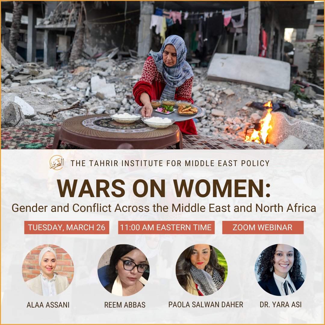 📢This Tuesday! Amid bombardment, displacement, & severe food insecurity, women also face SGBV, period poverty, trafficking, and other threats. Hear from @Yara_M_Asi, @ReemWrites, @Alaa_Assani, & @PSalwanDaher on the state of women in Gaza, Sudan, & Syria: timep.org/2024/03/15/war…