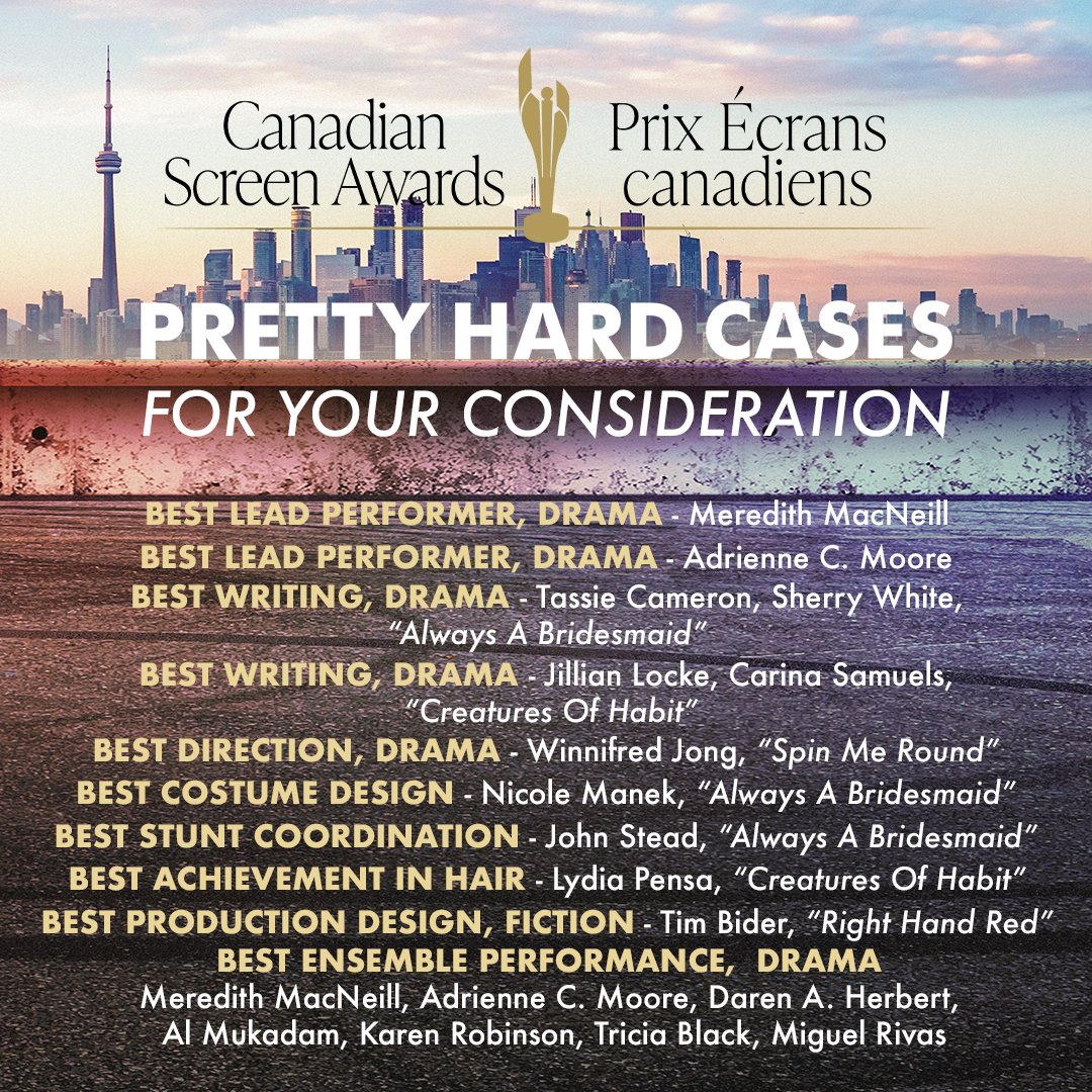 Cameron Pictures Inc (@cameronpicstv) on Twitter photo Monday is the last day for <a href="/TheCdnAcademy/">The Canadian Academy</a> members to vote for the #CdnScreenAwards!
We'd love for you to support <a href="/PrettyHardCases/">Pretty Hard Cases</a>' talented cast and crew in your voting. Thank you and congratulations again to all of the nominees! Monday is the last day for <a href="/TheCdnAcademy/">The Canadian Academy</a> members to vote for the #CdnScreenAwards!
We'd love for you to support <a href="/PrettyHardCases/">Pretty Hard Cases</a>' talented cast and crew in your voting. Thank you and congratulations again to all of the nominees!