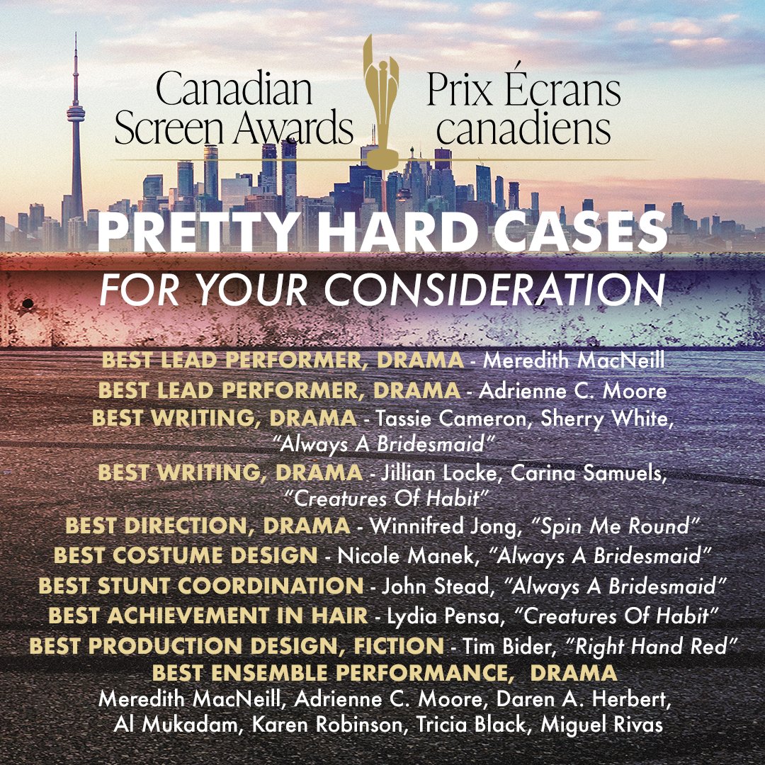 Monday is the last day for @TheCdnAcademy members to vote for the #CdnScreenAwards! We'd love for you to support @PrettyHardCases' talented cast and crew in your voting. Thank you and congratulations again to all of the nominees!