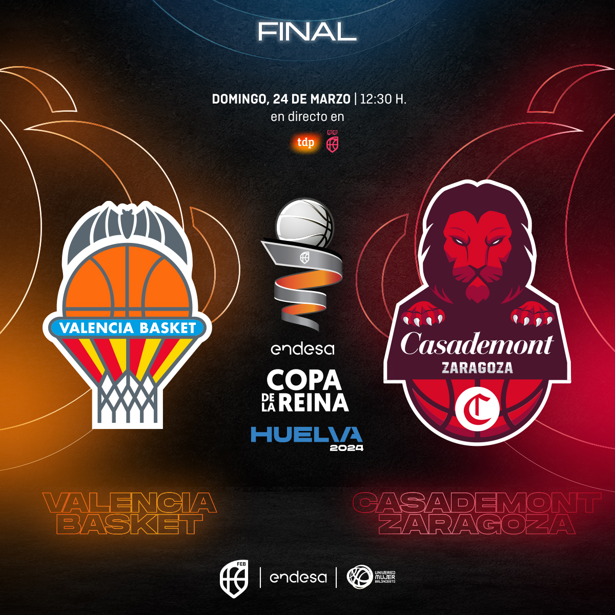 ♀️ #CopaReinaLFEndesa @basketlover | ¡Vamos a vivir una FINAL INÉDITA! 🏆 Final @valenciabasket 🆚 @casademontBZ ⏰ 12:30h 📌 Palacio Dep. Carolina Marín (Huelva) 📺 @teledeporte y @TwitchES