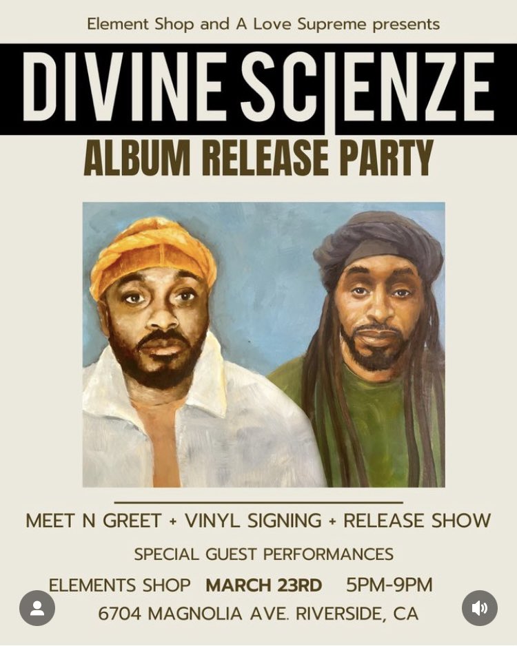 a love supreme. (@alovesupremeca) on Twitter photo Pull up today!!!
Riverside, CA
The Elements Shop
(Record & Art Gallery)
5pm-9pm
We celebrating brothers <a href="/ScienzeWasHere/">BIG SCI</a> & <a href="/KingiDivine/">King I Divine.eth</a> “Divine ScienZe 3” release!
Echoik
<a href="/god_SPweed/">godSPweed🇯🇵🇺🇸</a>
<a href="/Jetlag_Trav/">Travis Fonville</a>
Def Dee
<a href="/DivineScienZe/">DivineScienZe</a>
<a href="/Ilajide/">Yusuke Index Finger</a>
<a href="/longliveasad/">Asad iLL</a>
<a href="/theodissoul/">theodissoul</a> Pull up today!!!
Riverside, CA
The Elements Shop
(Record & Art Gallery)
5pm-9pm
We celebrating brothers <a href="/ScienzeWasHere/">BIG SCI</a> & <a href="/KingiDivine/">King I Divine.eth</a> “Divine ScienZe 3” release!
Echoik
<a href="/god_SPweed/">godSPweed🇯🇵🇺🇸</a>
<a href="/Jetlag_Trav/">Travis Fonville</a>
Def Dee
<a href="/DivineScienZe/">DivineScienZe</a>
<a href="/Ilajide/">Yusuke Index Finger</a>
<a href="/longliveasad/">Asad iLL</a>
<a href="/theodissoul/">theodissoul</a>