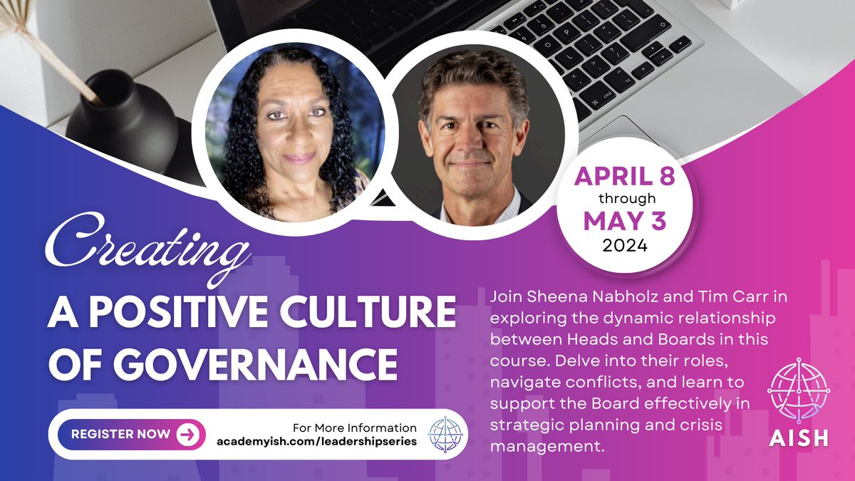 Don’t Miss This! Register Today!🏫 Gain strategies for building a positive culture of governance with Sheena Nabholz and Tim Carr through this @AcademyHeads online series. bit.ly/Positivecultur…