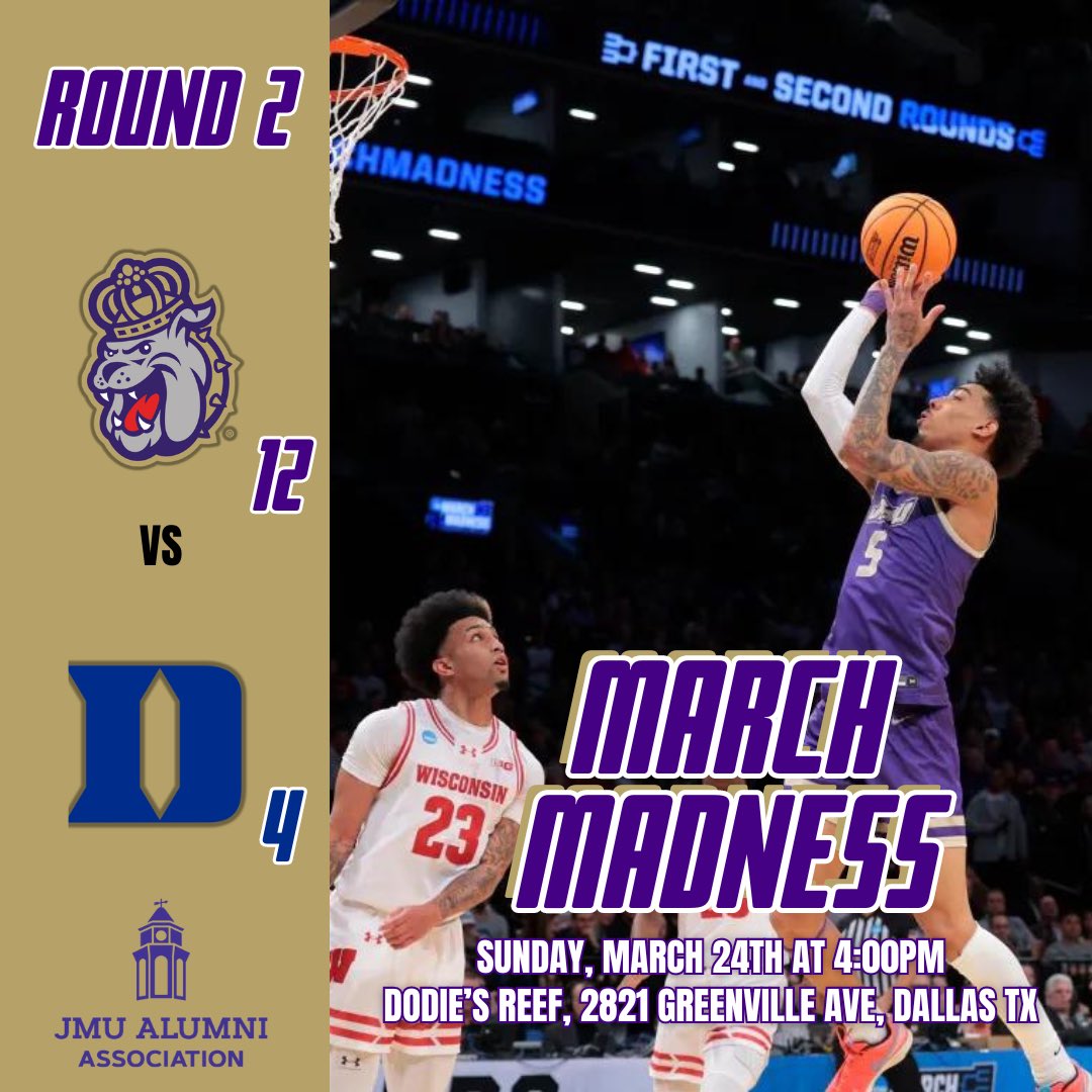 DFWDukes's tweet image. We’re running it back! Dodies. Sunday. 4:00pm. Bring on Duke!  RSVP: alumni.jmu.edu/redirect.aspx?…! #madness #startwearingpurple
