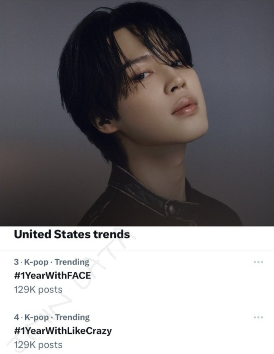 Jimin's X Trends | United States 🇺🇸 #1YearWithFACE and #1YearWithLikeCrazy is trending at #3 and #4 in the United States following celebrations for 'FACE' first anniversary!